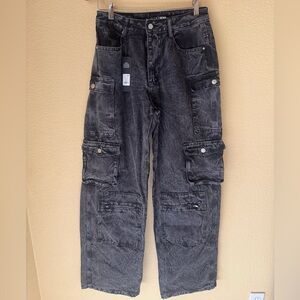 Fashion Nova Mad for You Cargo Jeans Black Acid Wash Size 9 NWT